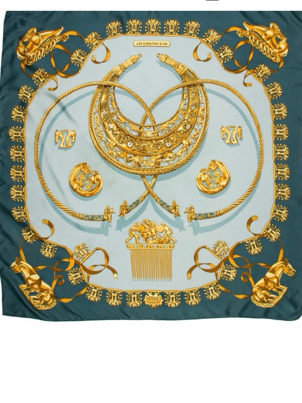 Authentic Hermès Les Cavaliers D'Or Silk Scarf 90 Teal Gold Vintage